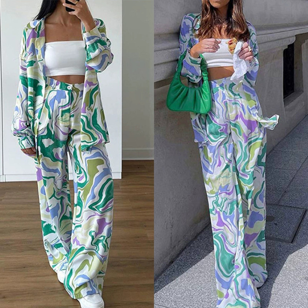 ZARA Summer Fashion Commute Print Shirt Wide Leg Pants Casual Set